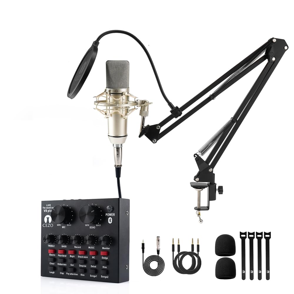CEZO U87 Condenser Microphone Kit with V8 Sound Card Adjustable Scissor Arm Stand Shock Mount Computer Mic for Gaming, Streaming