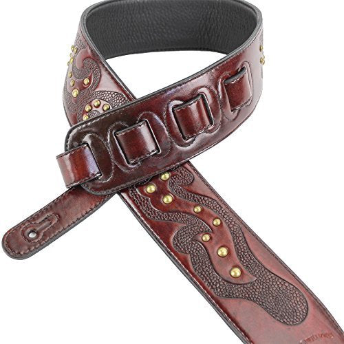 Walker & Williams GE-211 Antique Mahogany Brown Strap with Viking Tooling & Nailhead Studs