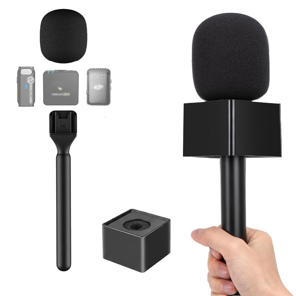 Hasthip Handheld Microphone Adapter Kit With Grip Handle & Mic Logo Holder, Universal Cold Shoe, Lavalier/Wireless Mic Converter
