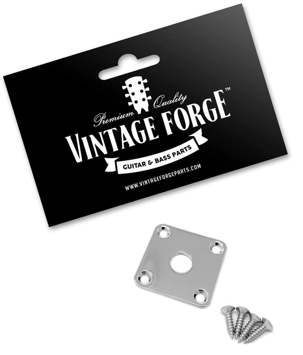 Vintage Forge Chrome Metal Flat Square Jack Plate compatible with Gibson Les Paul Guitar with Screws JPS40-CHR