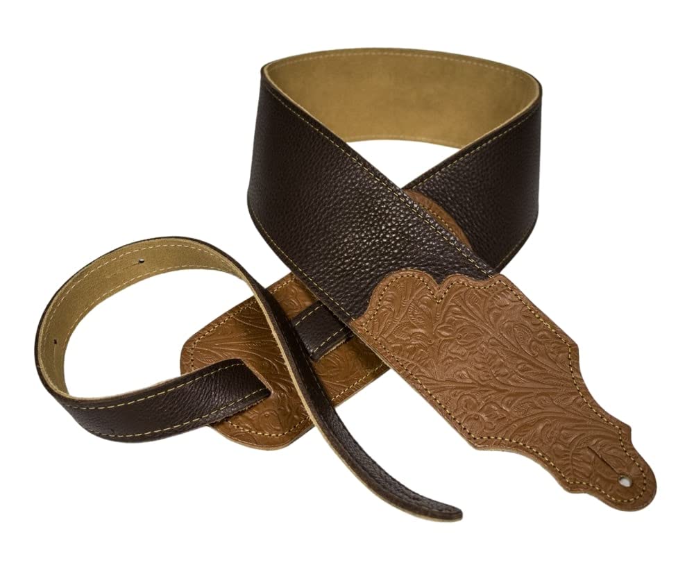 Franklin Strap - 3'' Original Glove Leather With Tooled End Tab - Guitar Strap - Chocolate Leather With Caramel Tooled End Tab