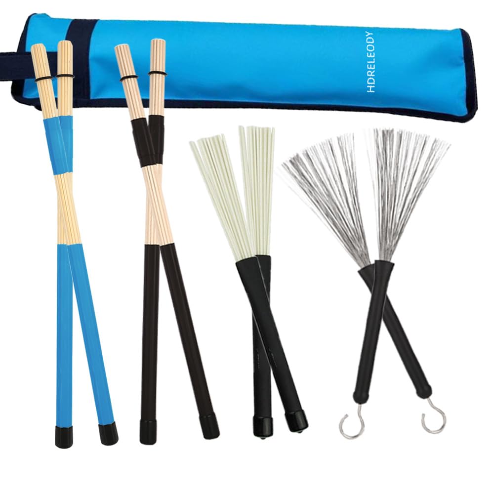 Drumbrush Set 4Pairs,Cahon Metal Wire Brushes,Jazz Nylon Brushes,Percussion,Bamboo Tie Rods,Birch Multi-Rod Bundle Sticks with B