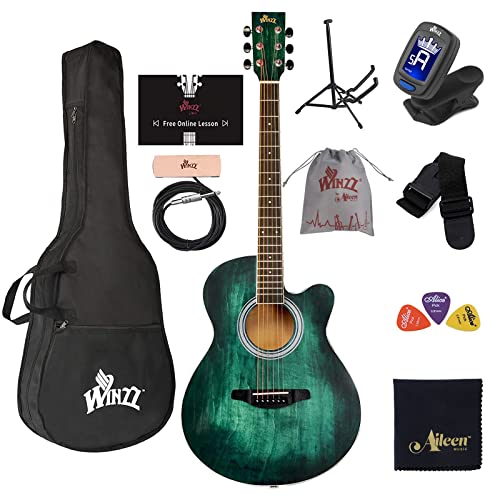 Winzz Hand Rubbed Series - 40 Inches Cutaway Acoustic Acustica Guitar Beginner Starter Bundle With Online Lessons, Padded Bag, S