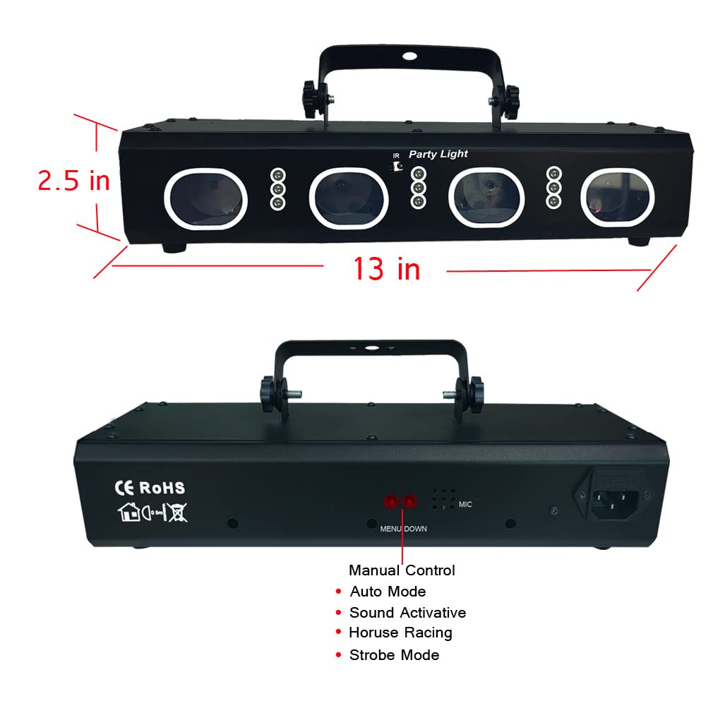 Upgraded 4 Lens DJ Disco Lights for Parties Laser Light Show with 9 LED Strobe Lights Remote&DMX512 Control, Sound Activated Clu