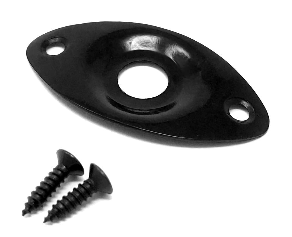 Vintage Forge Black Oval Jack Plate For Guitar And Bass With Screws Metal Indented Curved Football Shape Jpf20-Blk