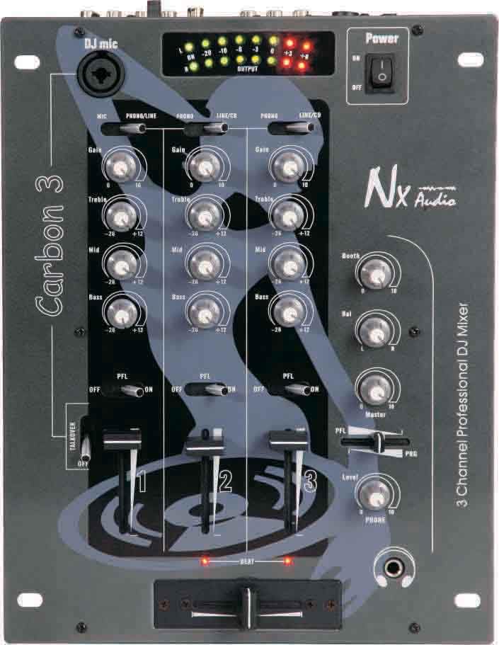 NX Audio Carbon 3 Professional 3-Channel DJ Mixer with Balanced XLR Output, 10-inch Design, Individual PFL, 3-Band Equalizer for
