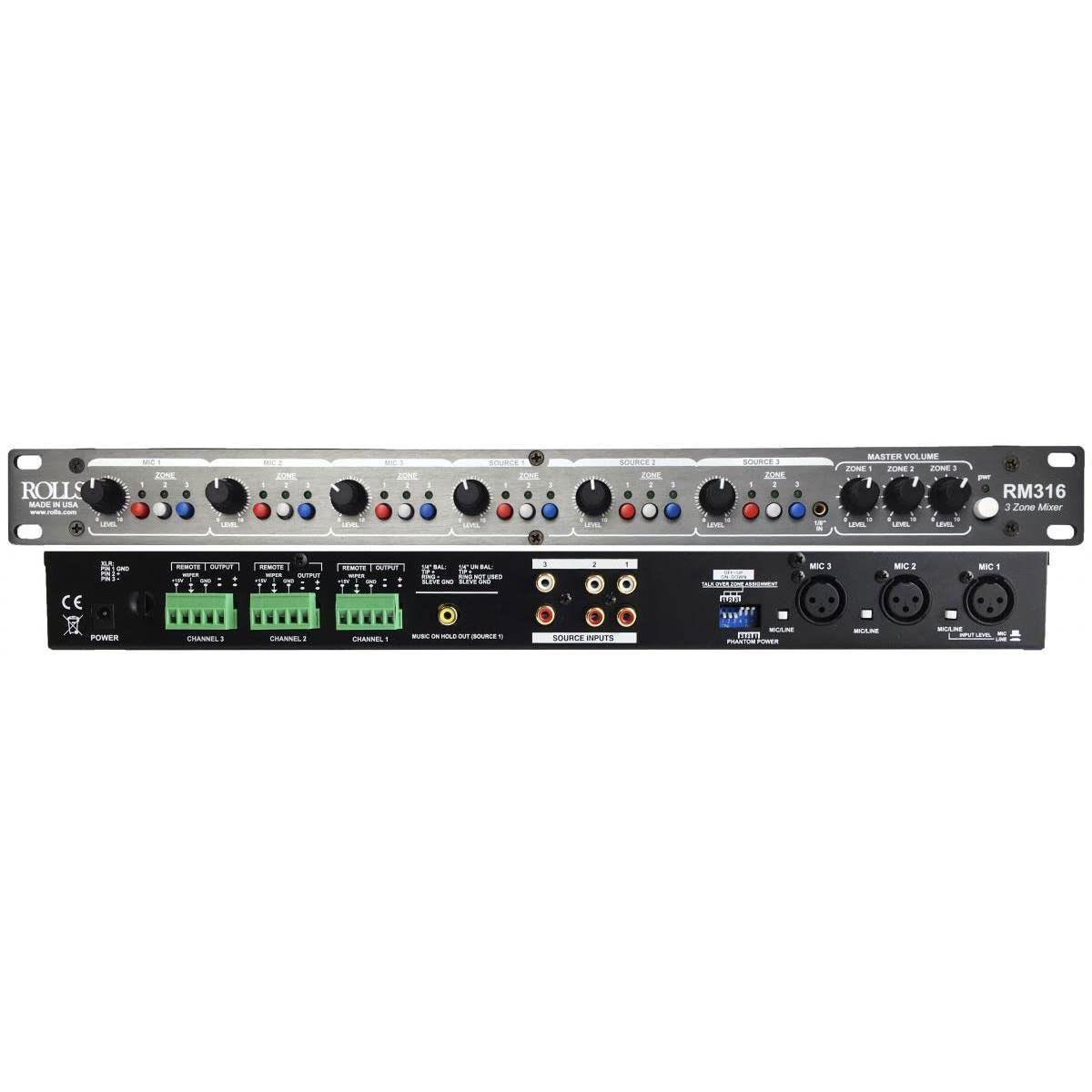 Three Zone Mixer combines three microphones or XLR line level signals with three RCA line level source inputs.