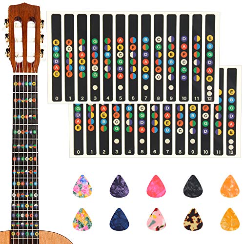2 Pcs Guitar Fretboard Stickers, Guitar Note Stickers, Learn Guitar Tabs, Sticker For Beginner Learner With 10 Pcs Guitar Picks