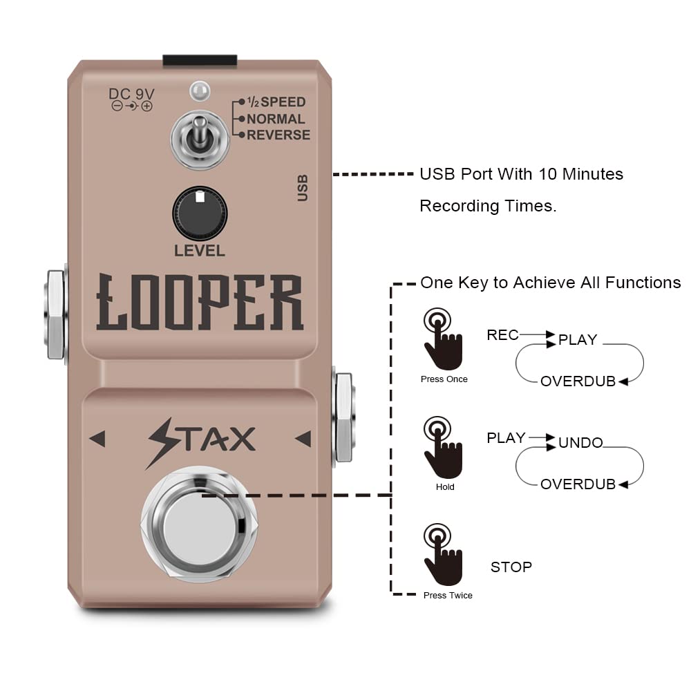 Stax Looper Guitar Pedal Loop Station Guitar Effects Pedal with Unlimited Overdubs 10 Minutes of Looping, 1/2 time, and Reverse