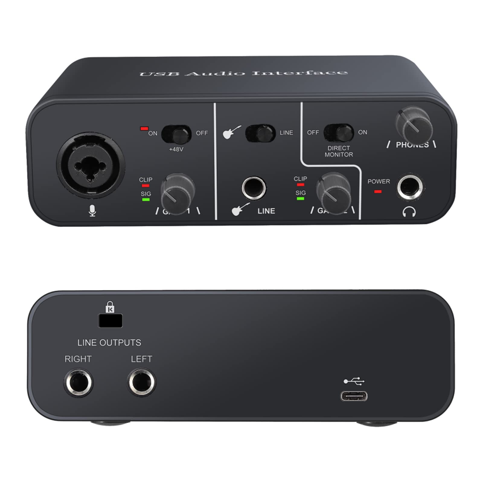 USB Audio Interface 2 In 2 Out with 48V Phantom Power,YGiTK USB-C Audio Interface for PC/Win/Mac Recording, Streaming and Podcas