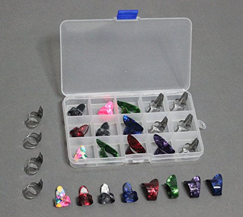 15pcs Stainless Steel Celluloid Thumb Finger Guitar Picks Plectrum + 15 Grid Case Storage Box