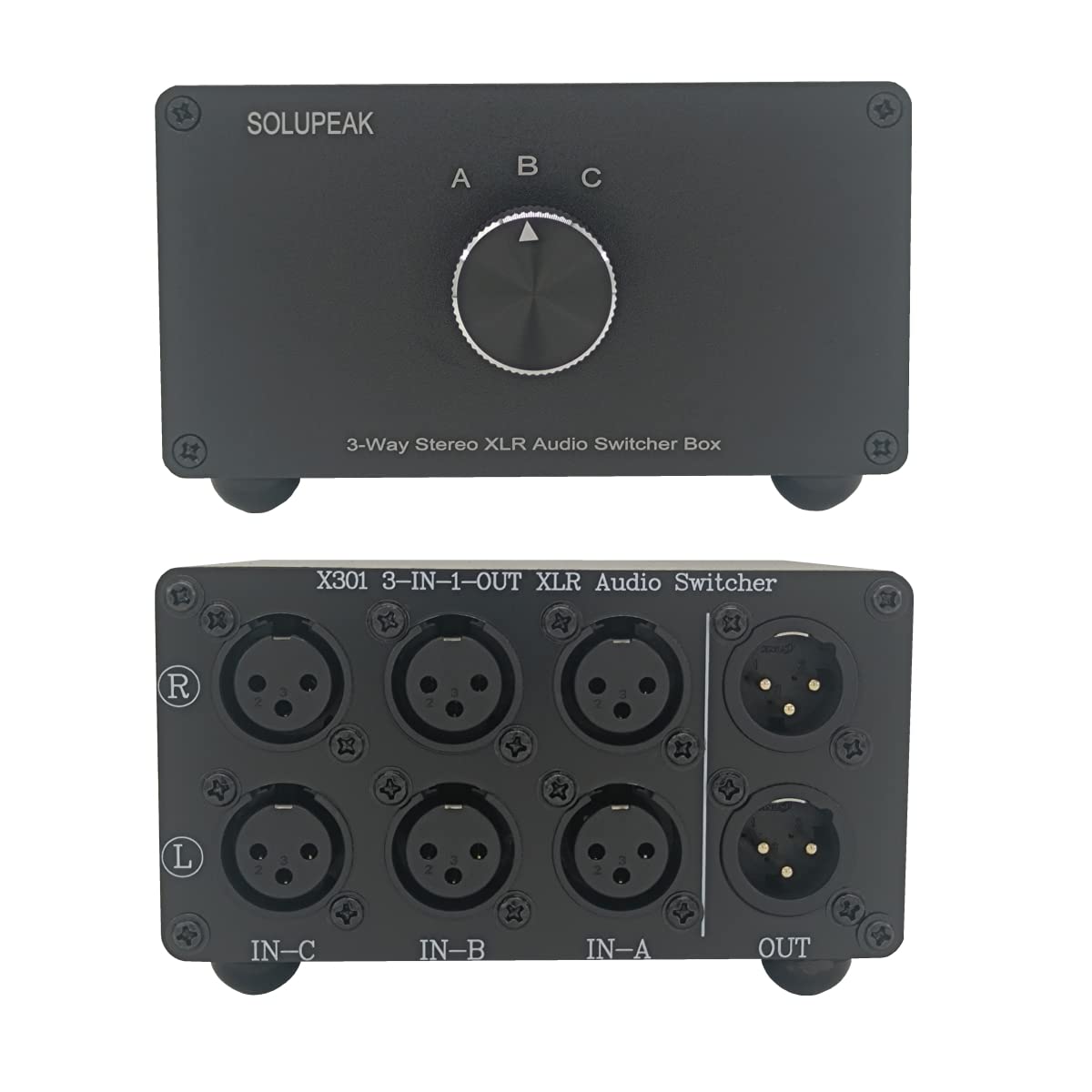 SOLUPEAK 3-Way XLR Stereo Audio Switch Box, Balanced Audio Converter, Passive Signal Source Audio Input Selector Switcher Splitt