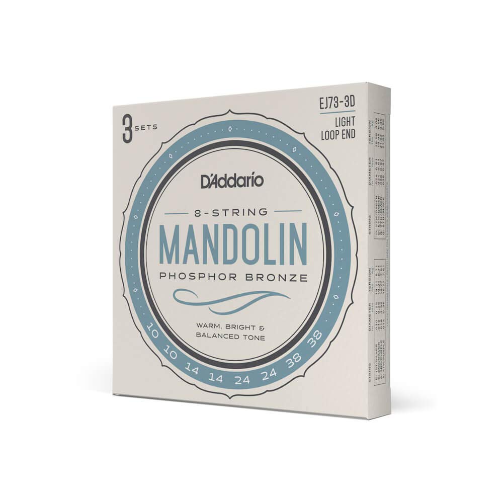 DAddario Mandolin Strings, Phosphor Bronze, EJ73-3D, Light Gauge 10-38, 8-String Set, Pack of 3