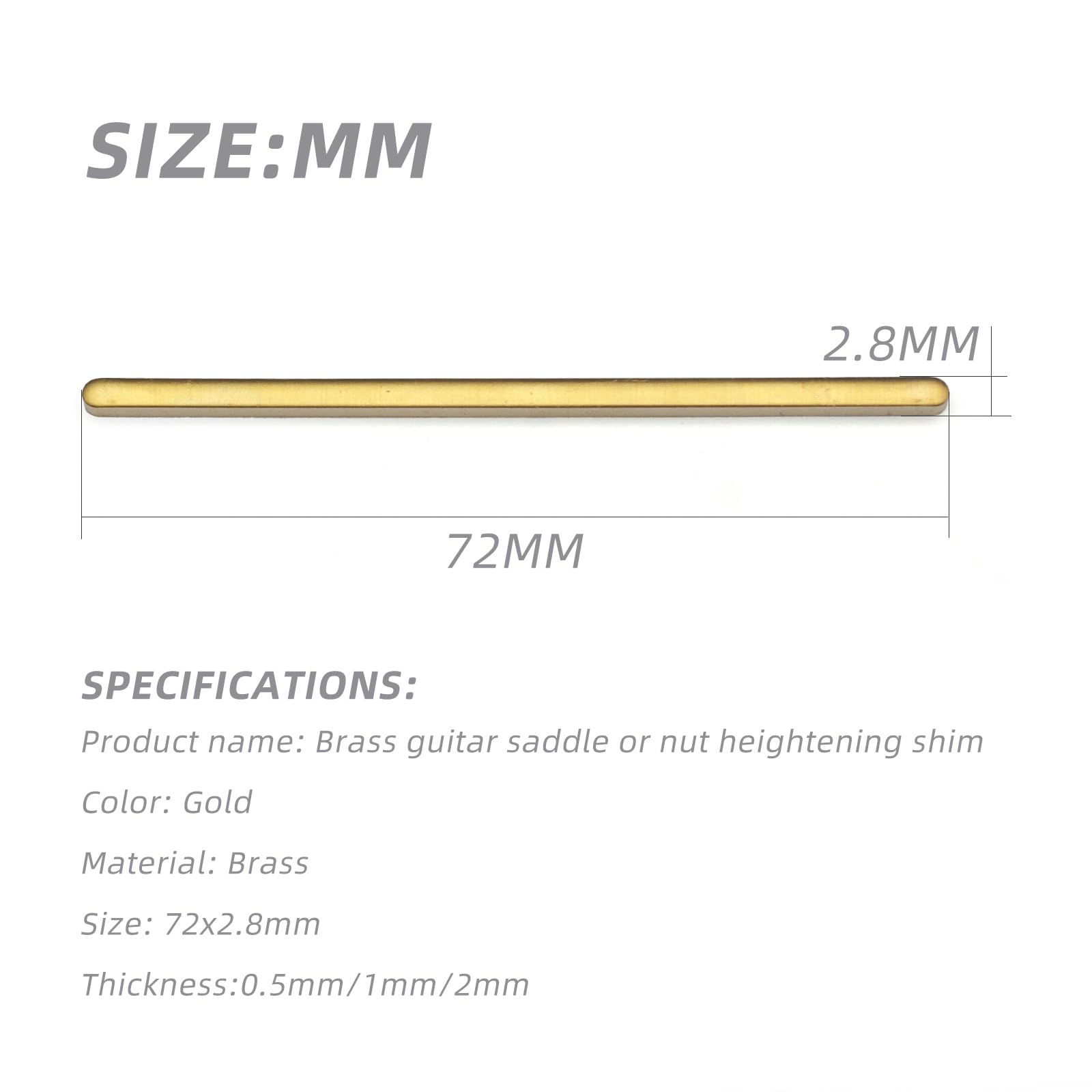 MAXCHEER 3pcs Saddle/Nut Height adjusting Shim Brass Durable Heightening Gasket 72x2.8mm Three Thicknesses of 0.5/1.0/2.0mm Luth