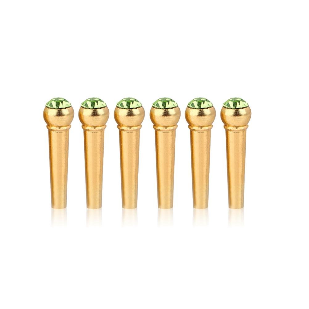 6Pcs Bridge Pin Copper Material Folk Acoustic Guitar Bridge Pin Peg Nail with Colorful Crystal Glass Dot(Green)