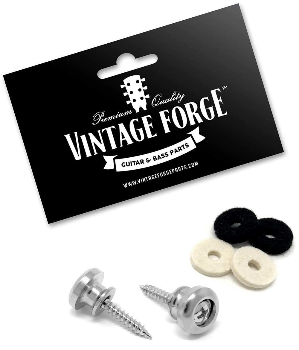Vintage Forge Guitar Strap Buttons Chrome Modern Style for Guitar and Bass (2) with Screws and Felt Washers Universal Fit for Ib