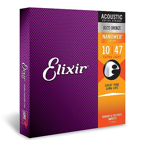 Elixir Strings - Acoustic 8020 Bronze With Nanoweb Coating - Elixir Acoustic Guitar Strings - Extra Light (010-047)