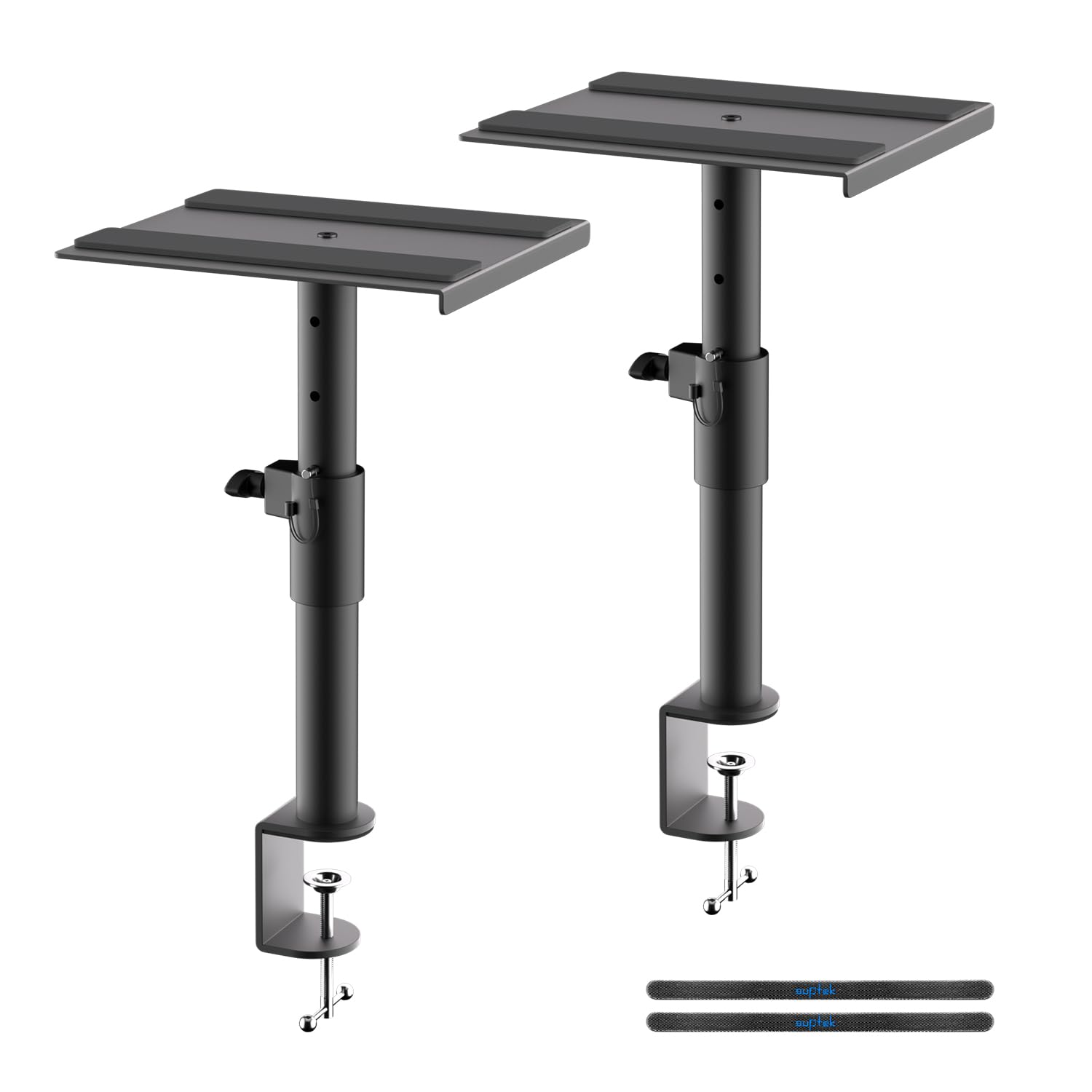 suptek Clamp-on Speaker Stand Desk Mount Set, Height Adjustment, Swivel, 9.6 x 8.8 inch Trays, Universal Audio Holders for Books