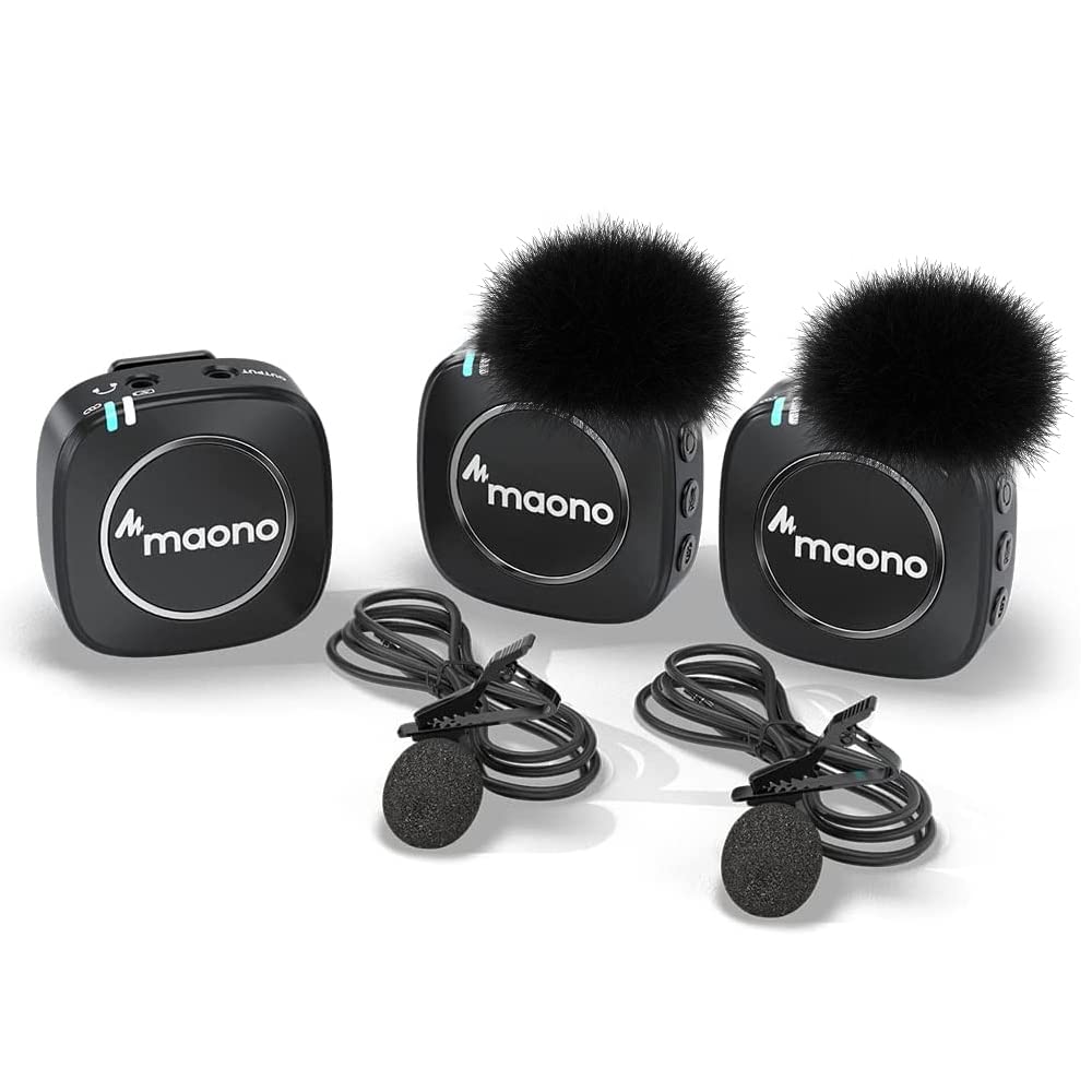 Maono Compact Wireless Lavalier Microphone, 2.4Ghz Dual Lapel Mics With Real-Time Monitoring, Gain Adjustment And Mute For Inter