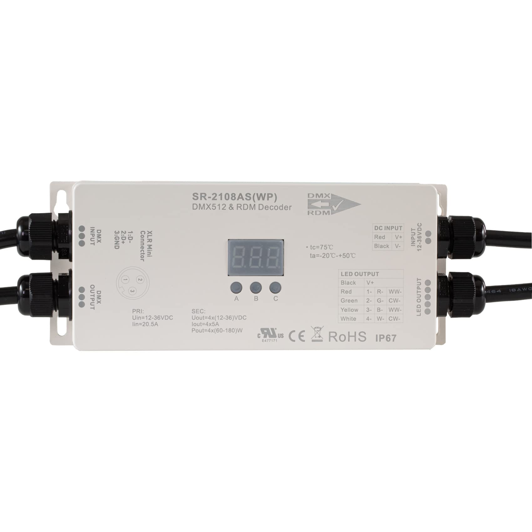 SIRS-E 4 Channel RGB & RGBW Waterproof Constant Voltage LED DMX & RDM PWM Decoder, Digital Display, 5A/CH, 12-36V DC, 240-720W, 