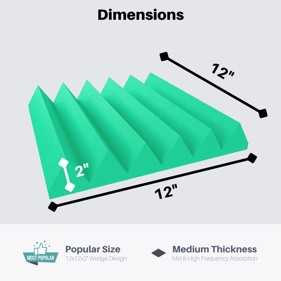 Soundproofing Acoustic Studio Foam - Kelly Green Color - Wedge Style Panels 12   x12   x2    Tiles - 4 Pack