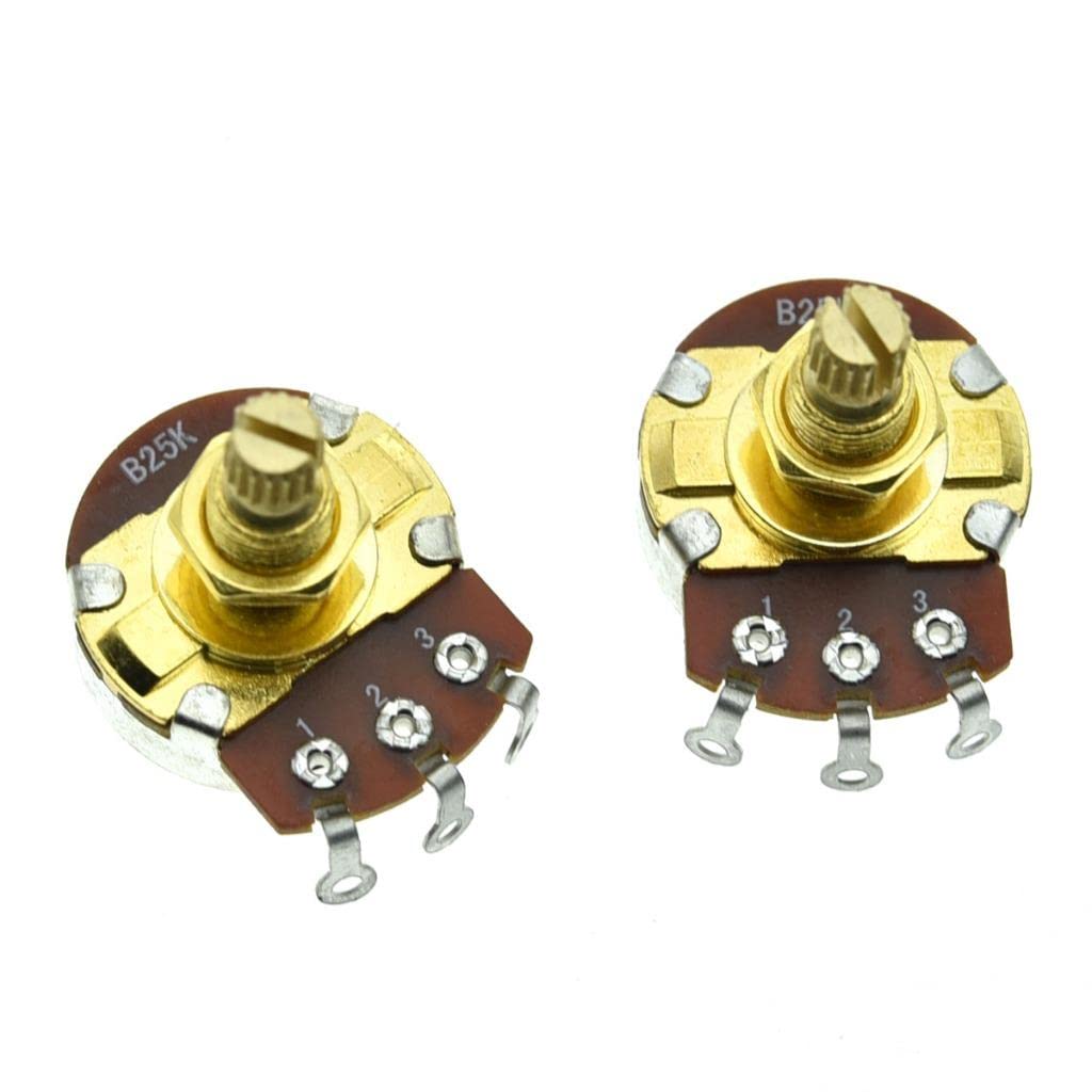 KAISH Pack of 2 Full Size Metric Guitar Bass Pots with 18mm Brass Shaft Linear Taper Potentiometers B25K
