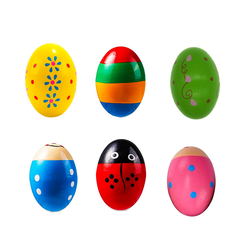 ANGJINY 6 Pack Easter Egg Shakers Maracas Natural, Wooden Musical Stocking Stuffers Percussion Instruments - basket Stuffers Eas