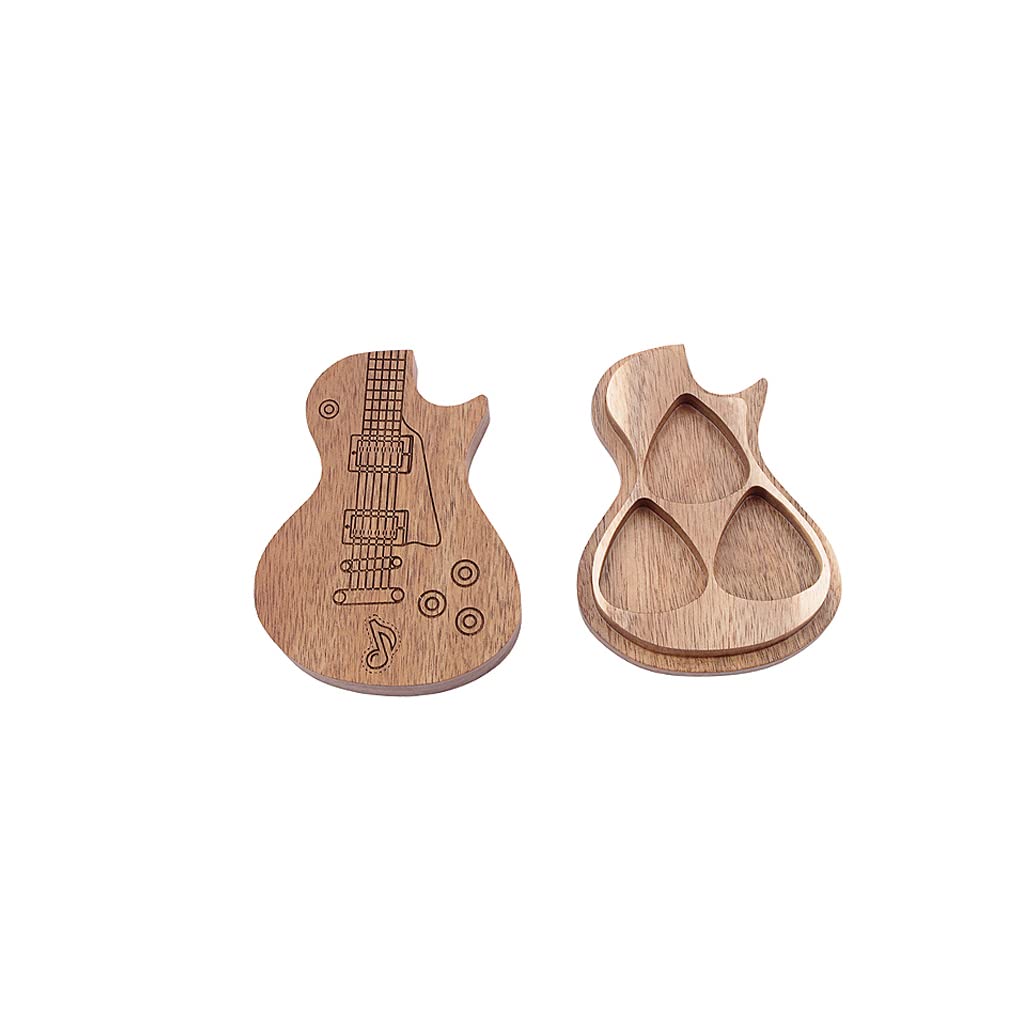 Ogdni Guitar Shaped Wooden Guitar Picks Box with 3 Pcs Guitar Picks Mediator for Guitar Accessories