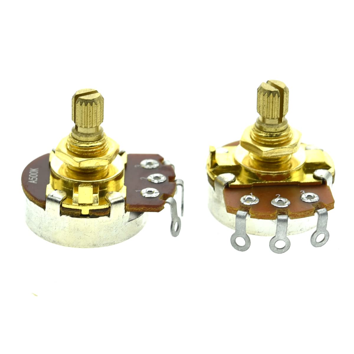 KAISH Pack of 2 Full Size Metric Guitar Bass Pots with 15mm Short Brass Shaft Audio Taper or Linear Taper Potentiometers A500K