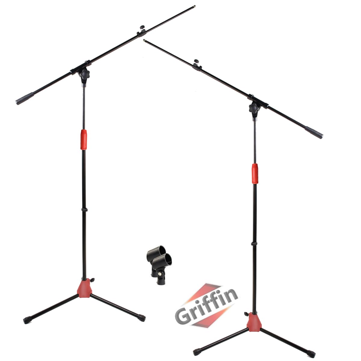 Microphone Stand (Pack Of 2) With Boom Arm By Griffin | Mic Clip Adapter Tripod Folding Legs & Telescoping | Adjustable Holder M