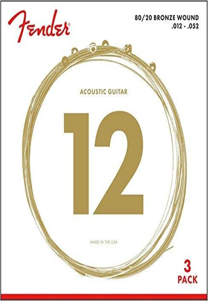 Fender 80/20 Bronze Acousitc Guitar Strings, Ball End, 70L .012-.052, 3-Pack