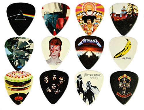 12 X Classic Albums Guitar Pick Set. Guitar Plectrums For Every Guitarist. Double Sided Printing. Picks Sized 0.46, 0.71, 0.81,