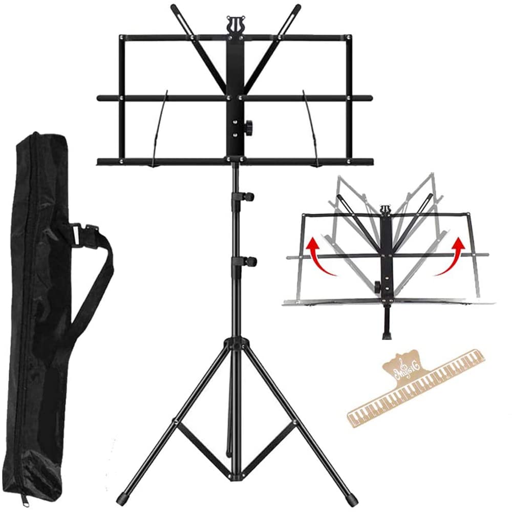ENNBOM 2-in- 1 Music Stand Portable Folding Sheet Music Stand Adjustable Music Sheet Clip Professional Music Sheet Holder with C