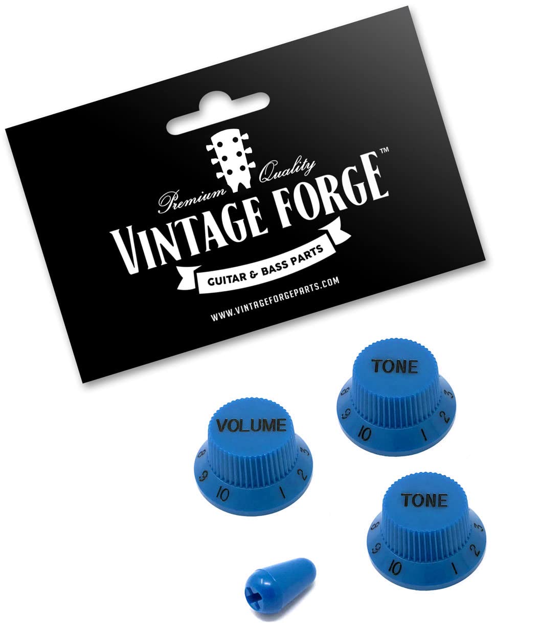 Vintage Forge Blue Guitar Control Knobs (1 Volume, 2 Tone, 1 Switch Tip) for Fender Strat Style Electric Guitars Fits USA (Imper