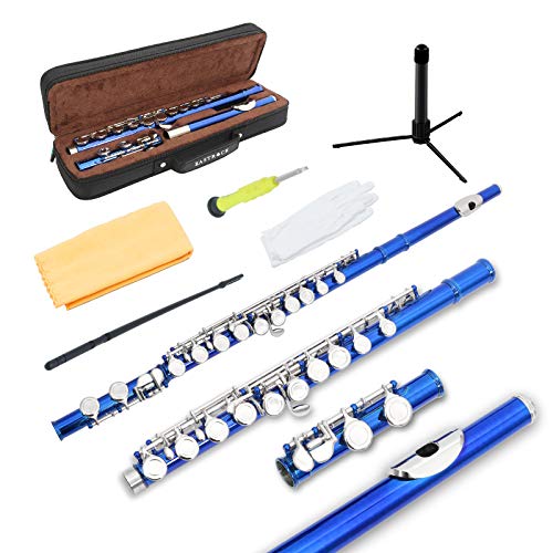 Eastrock Closed Hole Flutes C 16 Key For Beginner, Kids, Student -Silver Nickel Flute With Case Stand And Cleaning Kit (Blue)