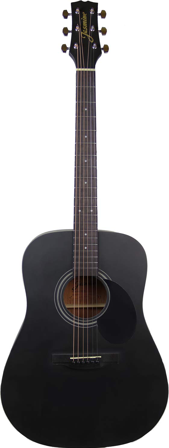 Jasmine S35 Dreadnought Acoustic Guitar - Matte Black Bundle with Hard Case, Strings, Tuner, Strap, Picks, Instructional Book, A