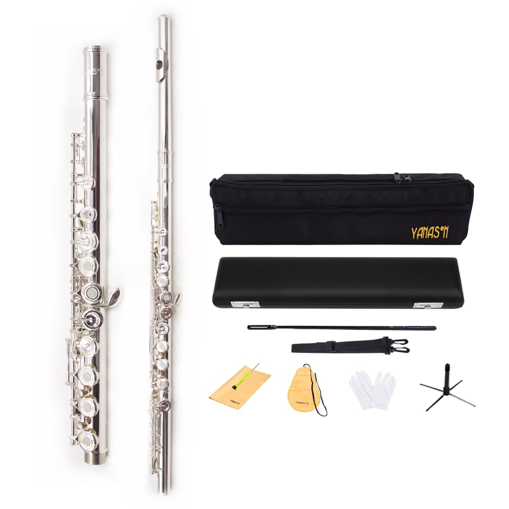 Yanason Open Hole C Flutes 17 French Keys Silver Beginner Student Kids Flute Musical Instrument With Carrying Case Gloves Cleani