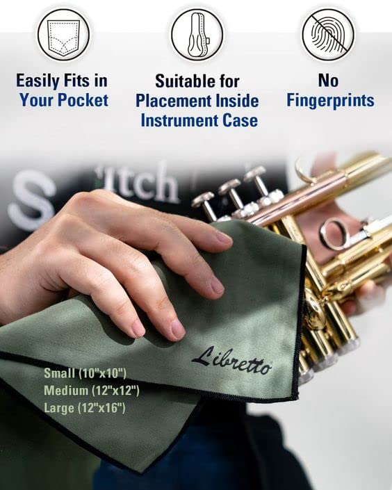 Libretto Microfiber Polish Cloth for Musical Instrument, 3 Sizes in 1 Pack, Trumpet and Brass Cleaning Product, Green, Lint-Free