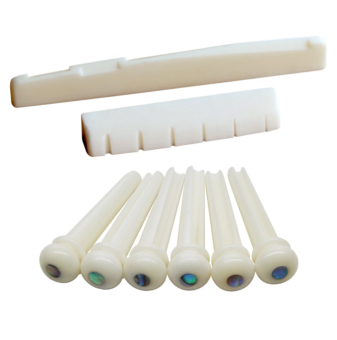 Blisstime 6 String Acoustic Guitar Bone Bridge Saddle And Nut And 6Pcs Guitar Bone Bridge Pins Made Of Real Bone