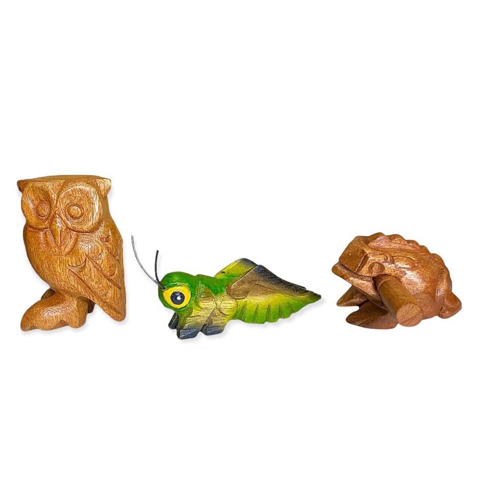 Handmade Percussion 3 Pcs Set - Wooden Frog, Cricket, Owl Gift Decor (Green Cricket, Brown Frog/Owl)