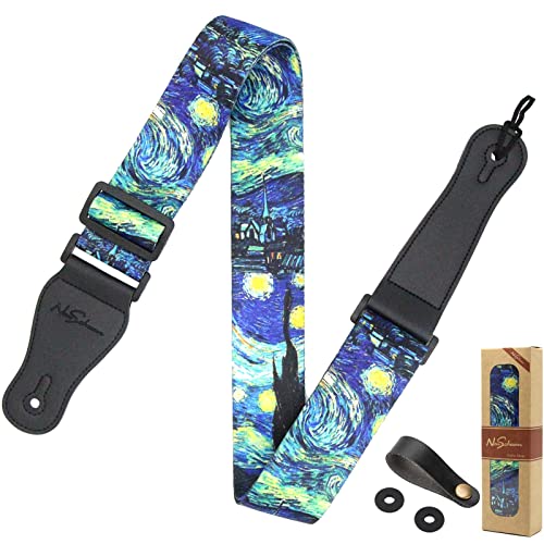 Neuschwan Van Gogh Starry Night Guitar Strap, Includes 2 Silicone Strap Locks & Strap Button. Adjustable Guitar Straps For Elect