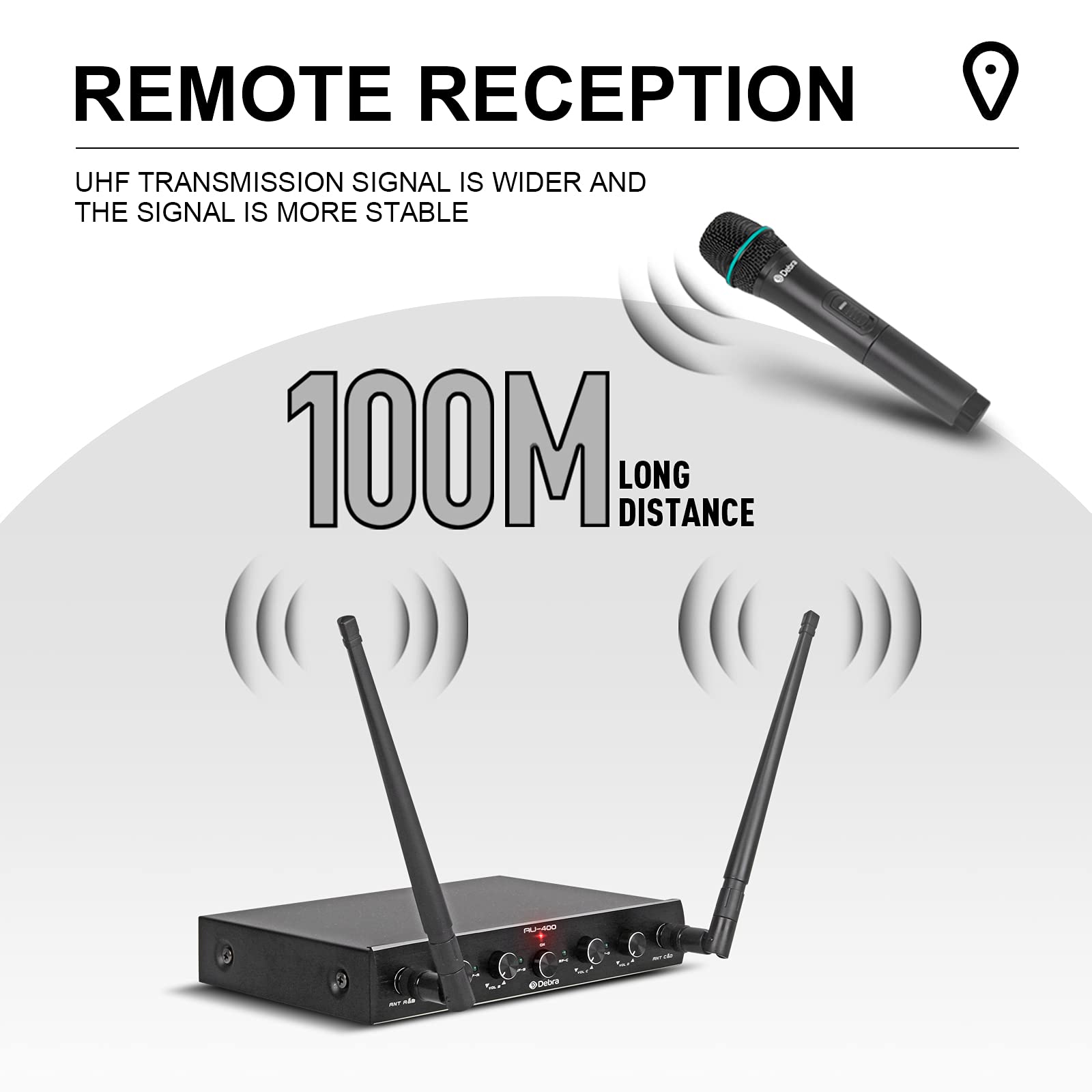 Debra Audio Pro UHF 4 Channel Wireless Microphone System with Cordless Handheld Lavalier Headset Mics, Metal Receiver, Ideal for