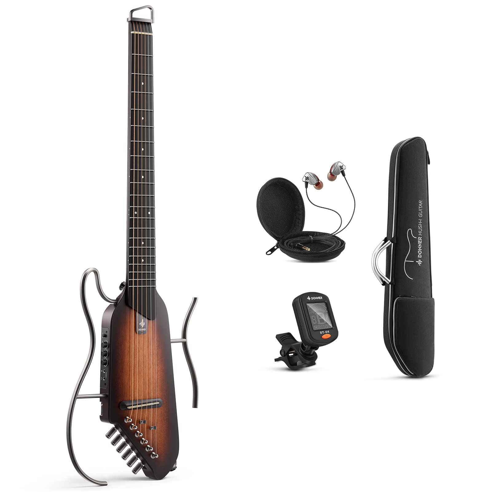 Donner Hush-I Guitar For Travel - Portable Ultra-Light And Quiet Performance Headless Acoustic-Electric Guitar, Mahogany Body Wi