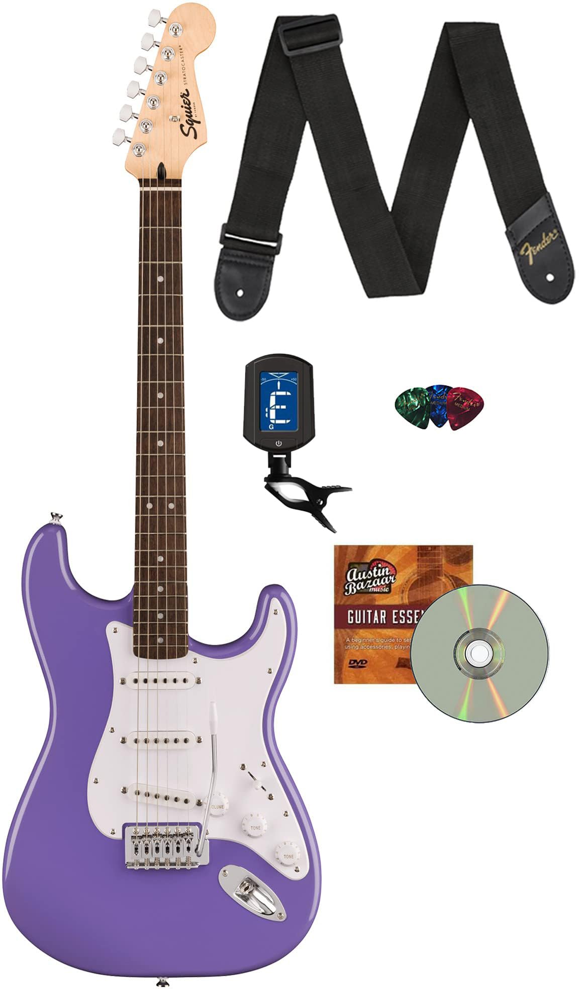 Fender Squier Sonic Stratocaster - Ultraviolet Bundle With Tuner, Strap, Picks, And Austin Bazaar Guitar Dvd