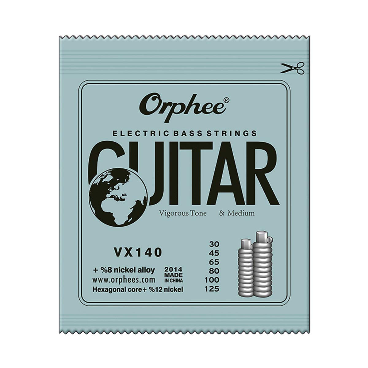 Orphee Vx140 Hexagonal Steel Nickel Wound Electric Bass Guitar Strings 6-String Set Long Scale .030 .045 .065 .080 .100 .125