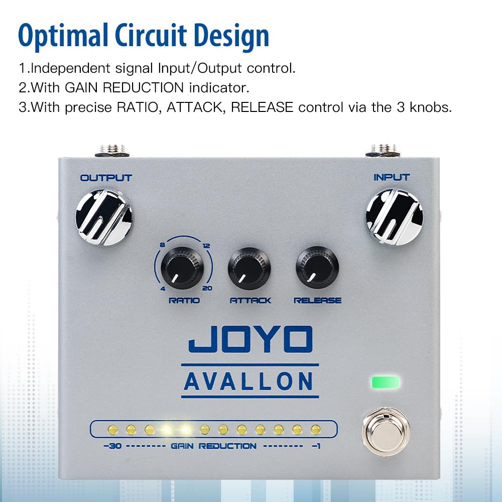 JOYO Compressor Effect Pedal with Precise Compression Knobs Adjusting Independent for Bass Electric Guitar- True Bypass (AVALLON