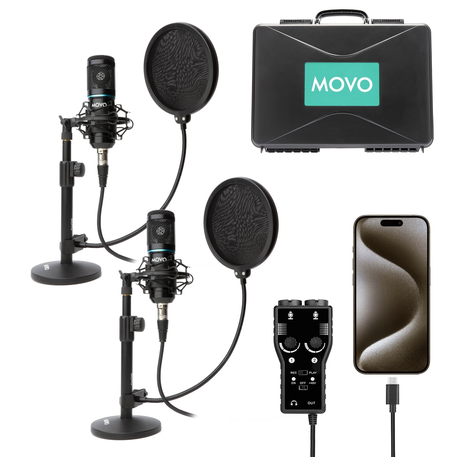 Movo Iphone 15/16 Usb-C Podcast Equipment Bundle - 2 Pack Condenser Microphones, 2 Desktop Mic Stands, 2 Pop Filters, 2-Channel