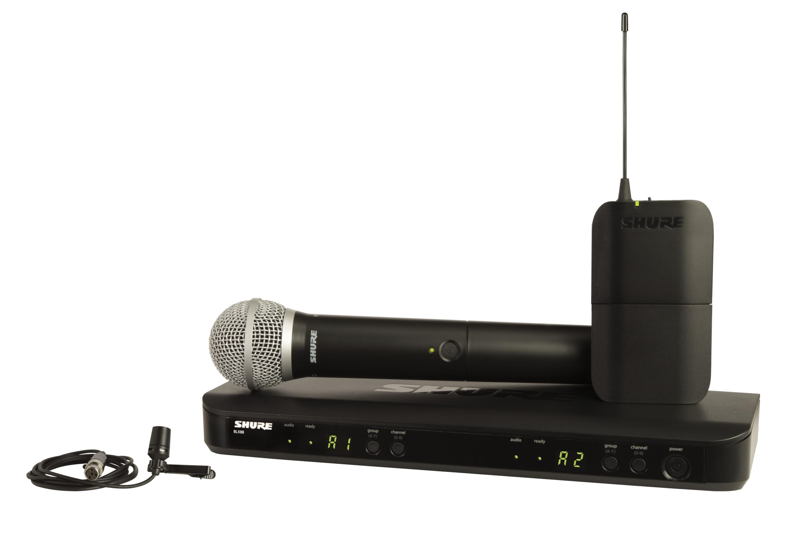 Shure BLX1288/CVL Wireless Microphone System - 14-Hour Battery Life, 300 ft Range, UHF | Includes Handheld & Lavalier Mics, Dual