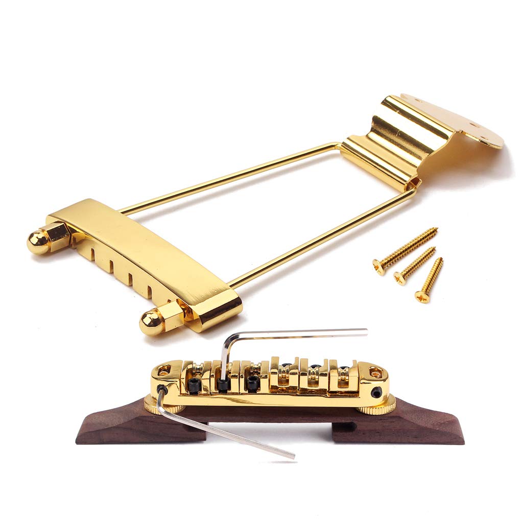 Ogdni 6 String Guitar Trapeze Tailpiece Bridge and Roller Tune-O-Matic Saddle Bridge for Jazz Archtop Guitar Replacement (GolD)