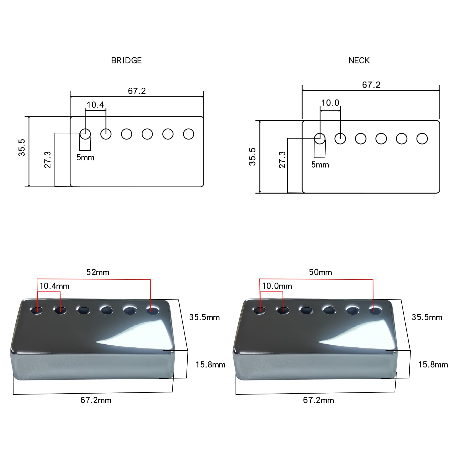 OVSAL 2 PCS Brass Humbucker Guitar Pickup Covers 50mm/52mm Pole Spcing Guitar Pickup Covers Neck Bridge Pickup Covers electric g